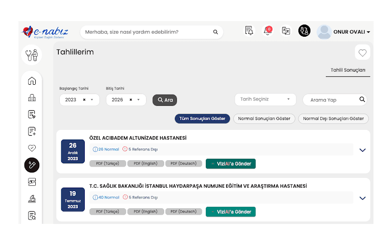 e-Nabız Tahlillerim page with Send to ViziAI button